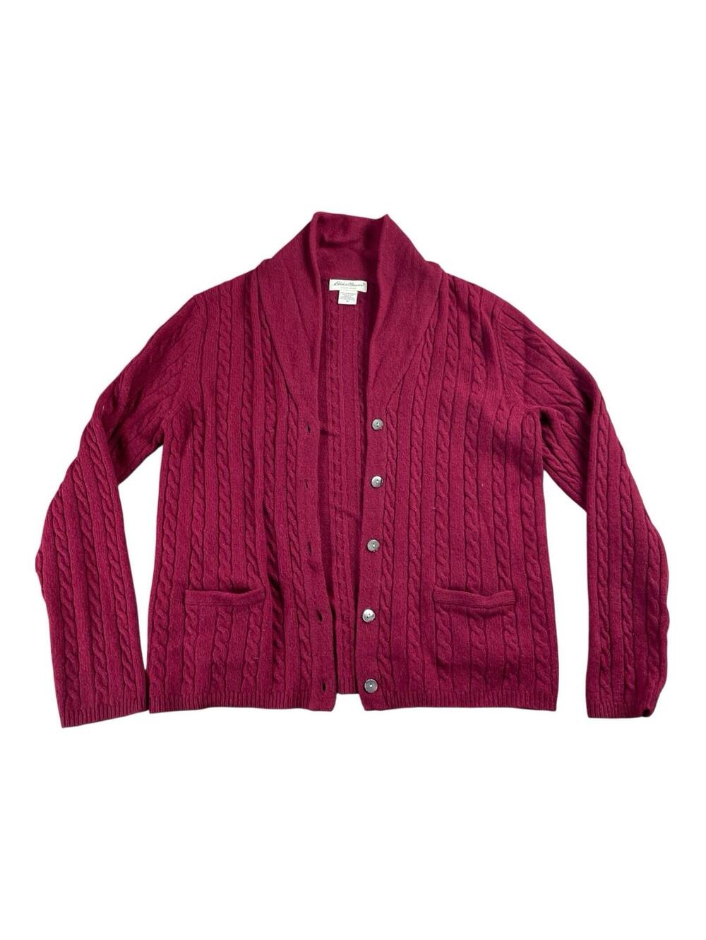 Eddie Bauer UK Lambswool Cardigan Cable Knit Sweater Women's Medium Red